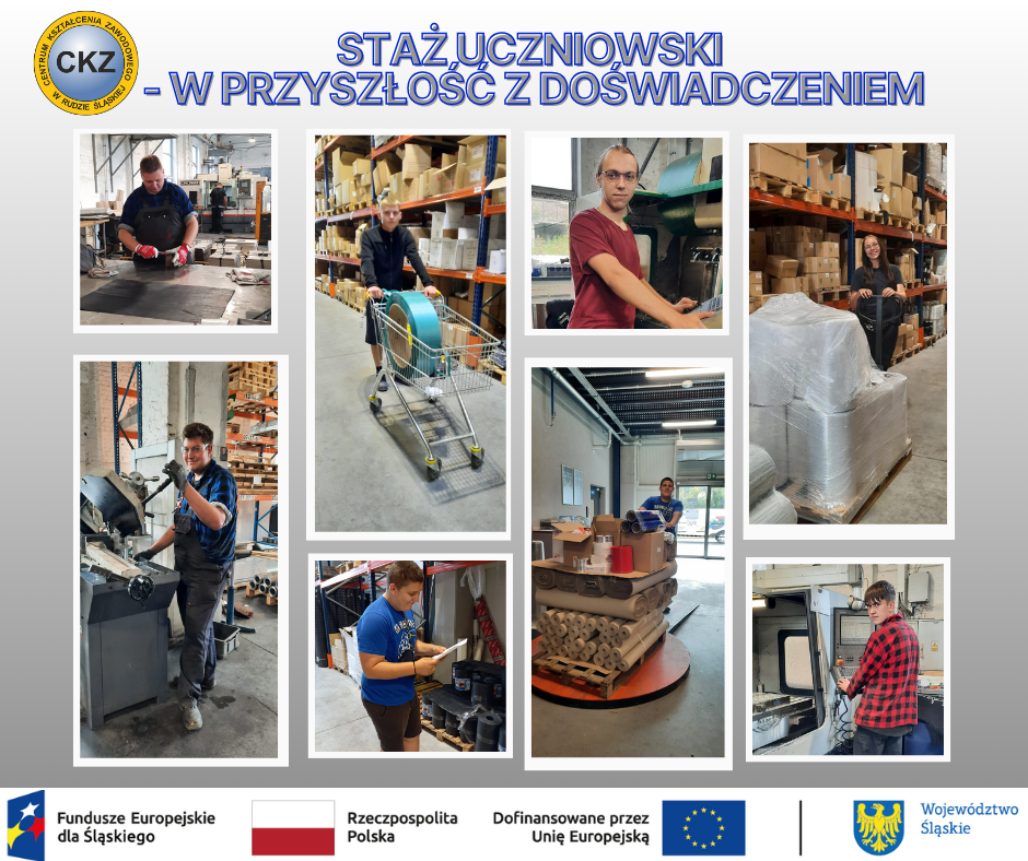 Ulotka przedstawiająca uczestników projektu odbywających staże uczniowskie u pracodawców