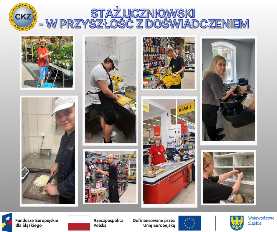 Ulotka przedstawiająca uczestników projektu odbywających staże uczniowskie u pracodawców