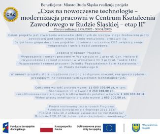 Rozpoczynamy realizację II etapu projektu „Czas na nowoczesne technologie – modernizacja pracowni w Centrum Kształcenia Zawodowego w Rudzie Śląskiej”