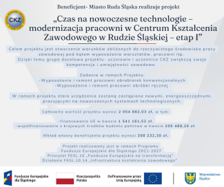 Nasza placówka rozpoczyna realizację projektu „Czas na nowoczesne technologie – modernizacja pracowni w Centrum Kształcenia Zawodowego w Rudzie Śląskiej – etap I”