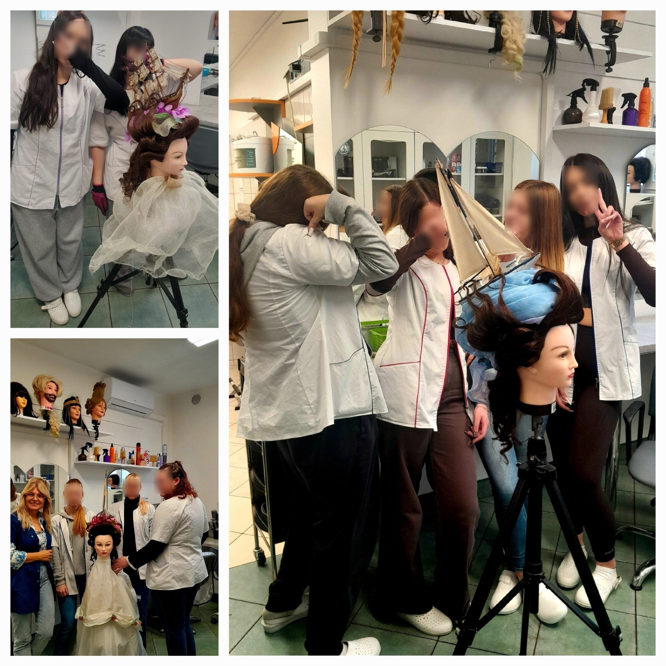 Uczennice pozujące z główkami treningowymi ze modelem statku we włosach