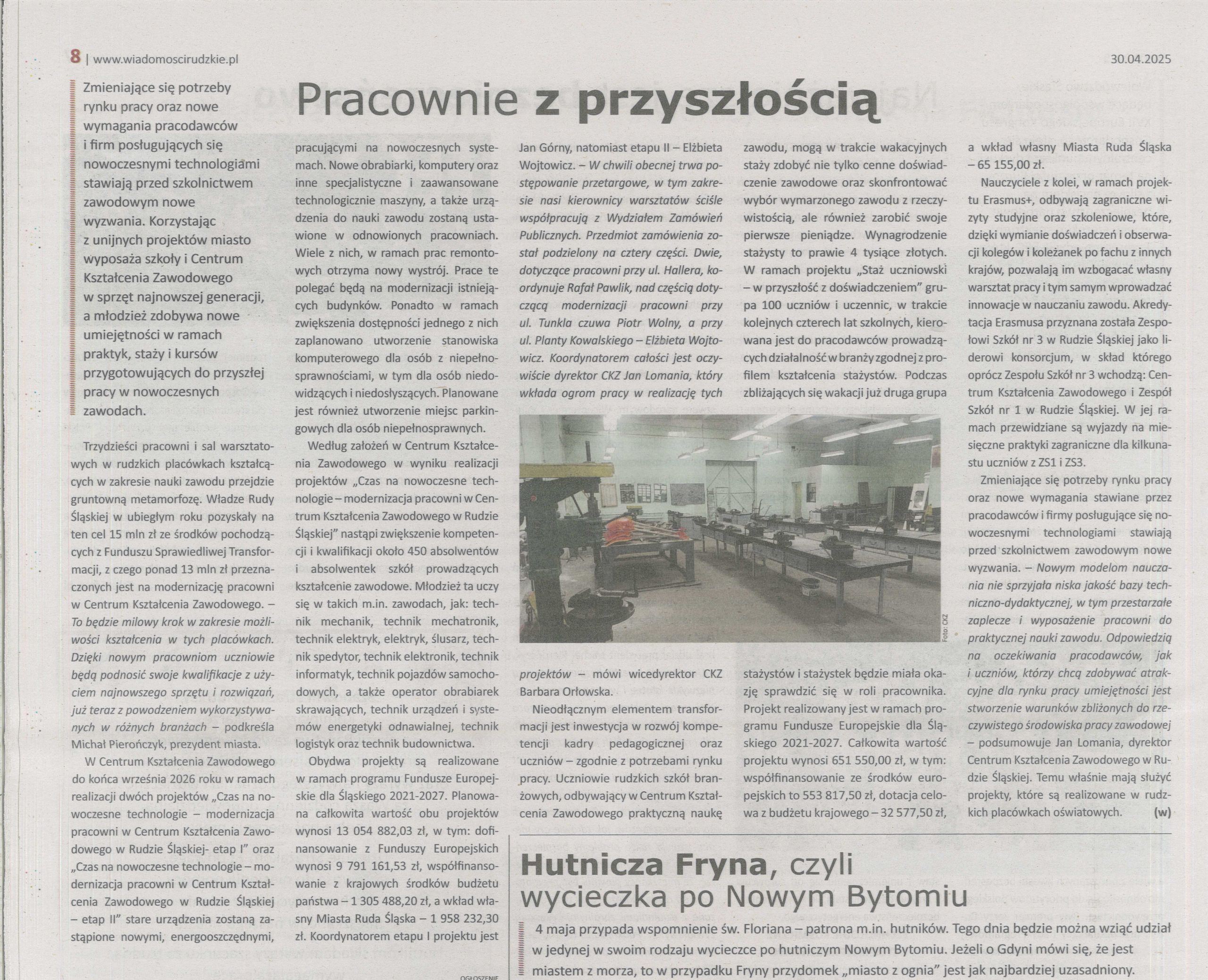 Artykuł Wiadomości Rudzkich dotyczący realizowanych w naszej placówce projektów